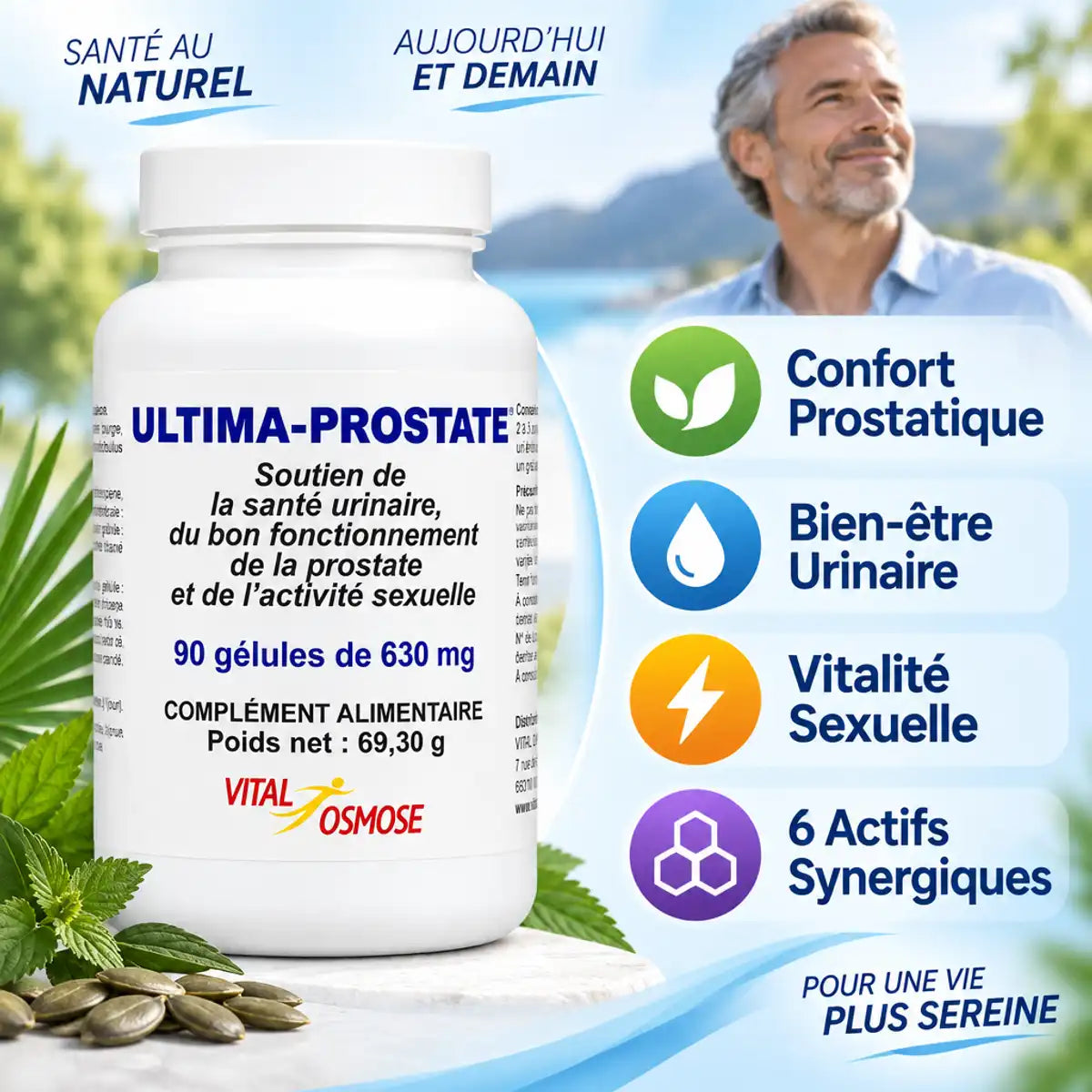 Bouteille Ultima Prostate 90 gélules avec bénéfices : confort prostatique, bien-être urinaire, vitalité sexuelle