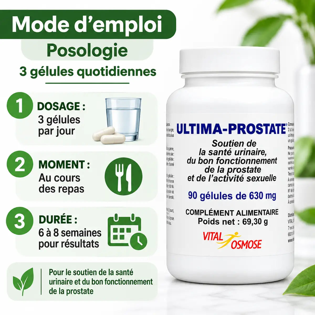 Ultima Prostate 90 gélules Vital Osmose avec posologie : 3 gélules par jour pendant 6-8 semaines