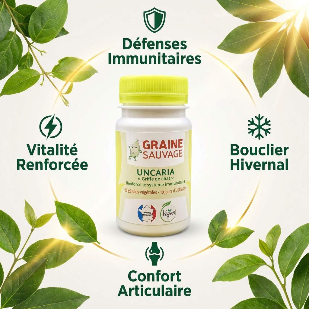 Uncaria Bio 60 gélules Graine Sauvage avec icônes défenses immunitaires, vitalité et confort articulaire