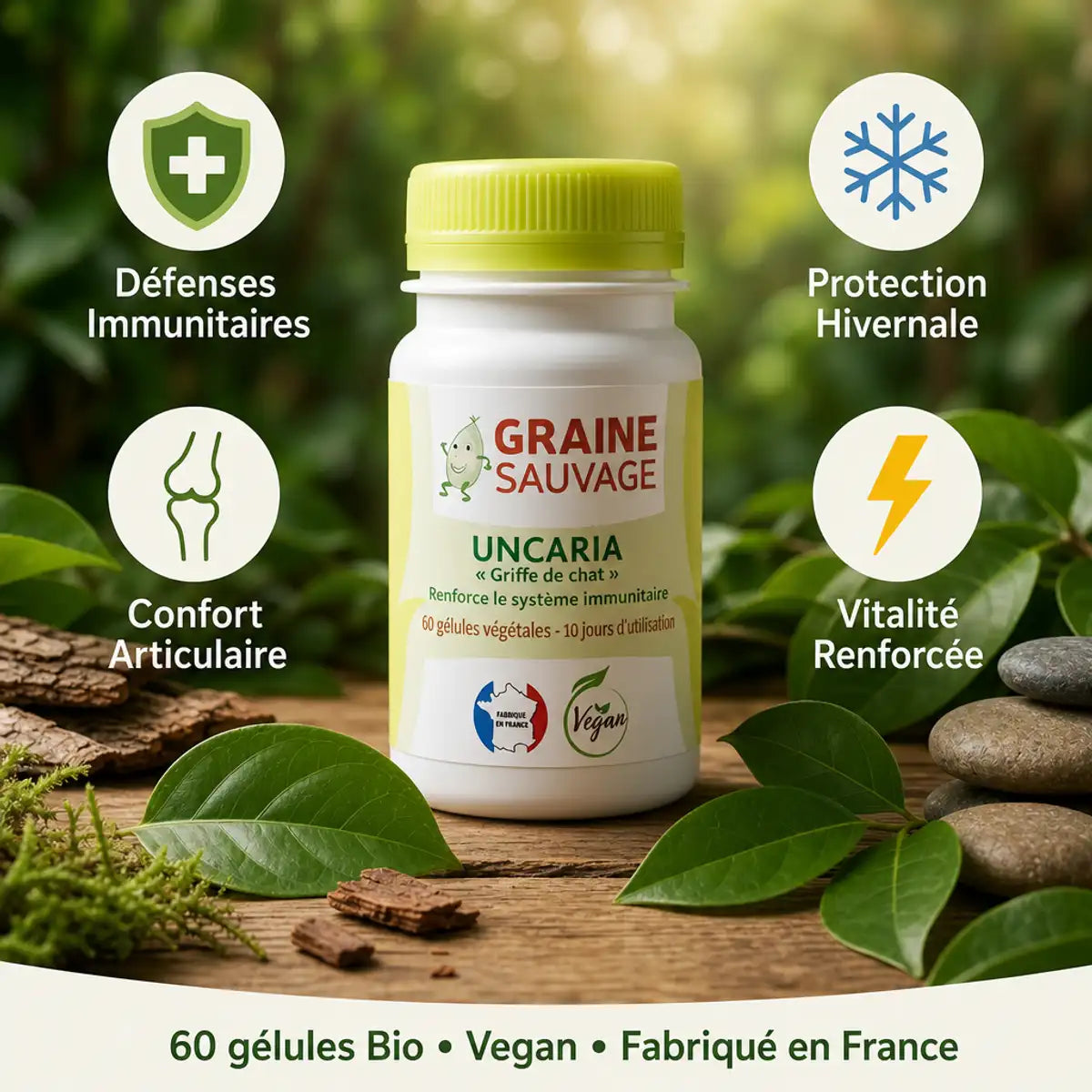 Uncaria Bio 60 gélules - Défenses immunitaires, protection hivernale, confort articulaire et vitalité renforcée
