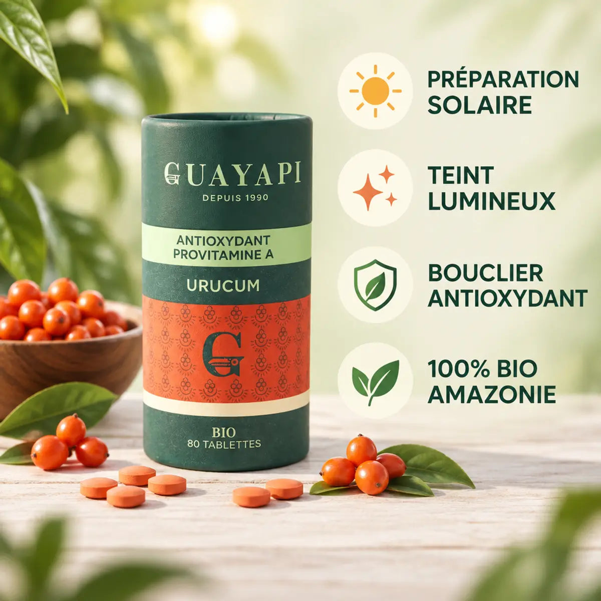 Urucum Bio antioxydant Guayapi 80 tablettes avec baies et bénéfices beauté peau