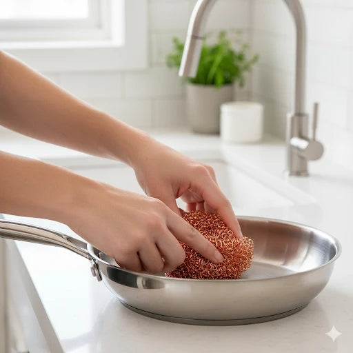une personne en train d’utiliser un grattoir en cuivre rond pour nettoyer une poêle en inox brillante dans une cuisine moderne et lumineuse.