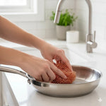 une personne en train d’utiliser un grattoir en cuivre rond pour nettoyer une poêle en inox brillante dans une cuisine moderne et lumineuse.