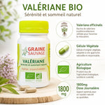 Graine Sauvage Valériane Bio 60 gélules avec infographie des bénéfices sommeil et relaxation