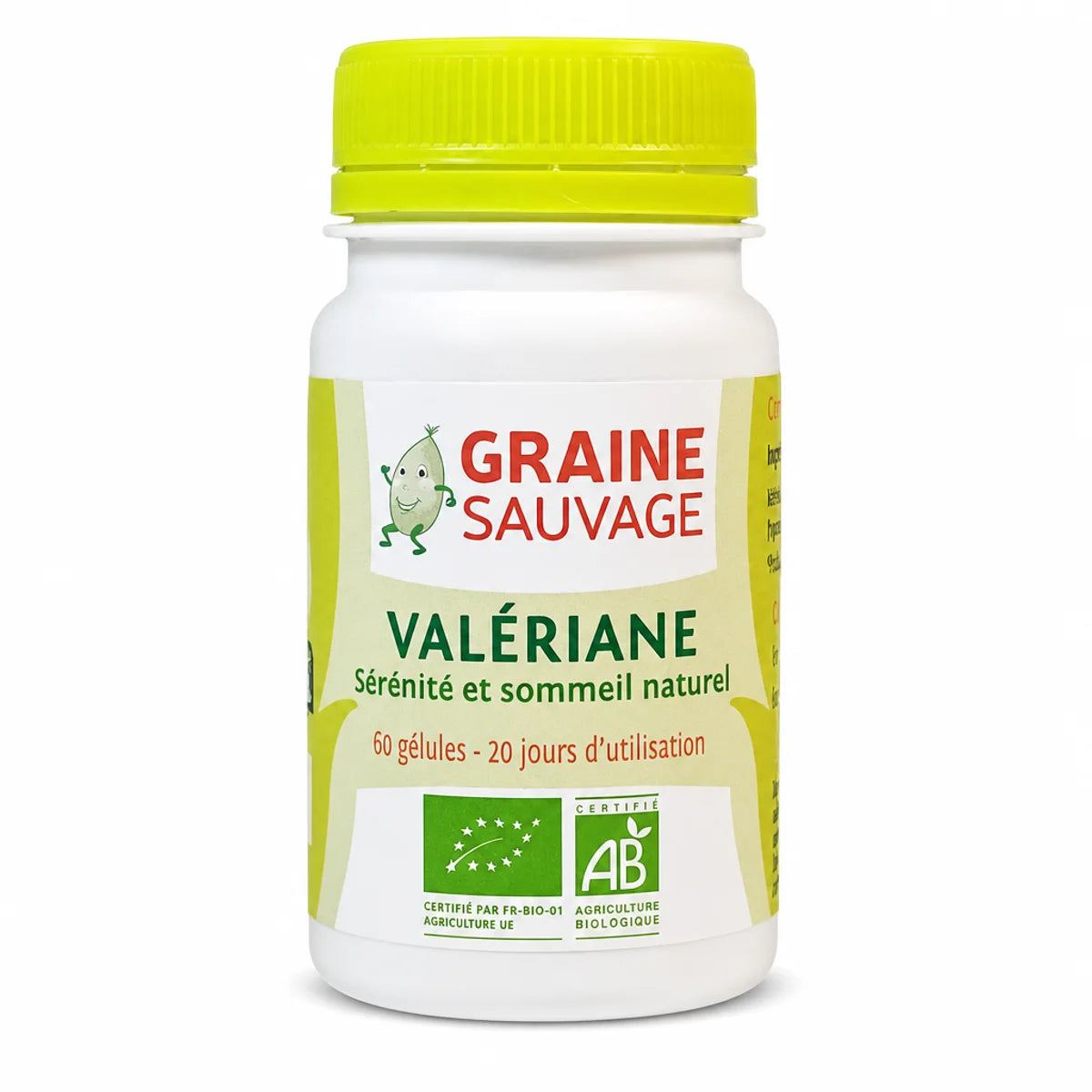 Valériane Bio Graine Sauvage 60 gélules flacon blanc avec bouchon vert pour sommeil naturel