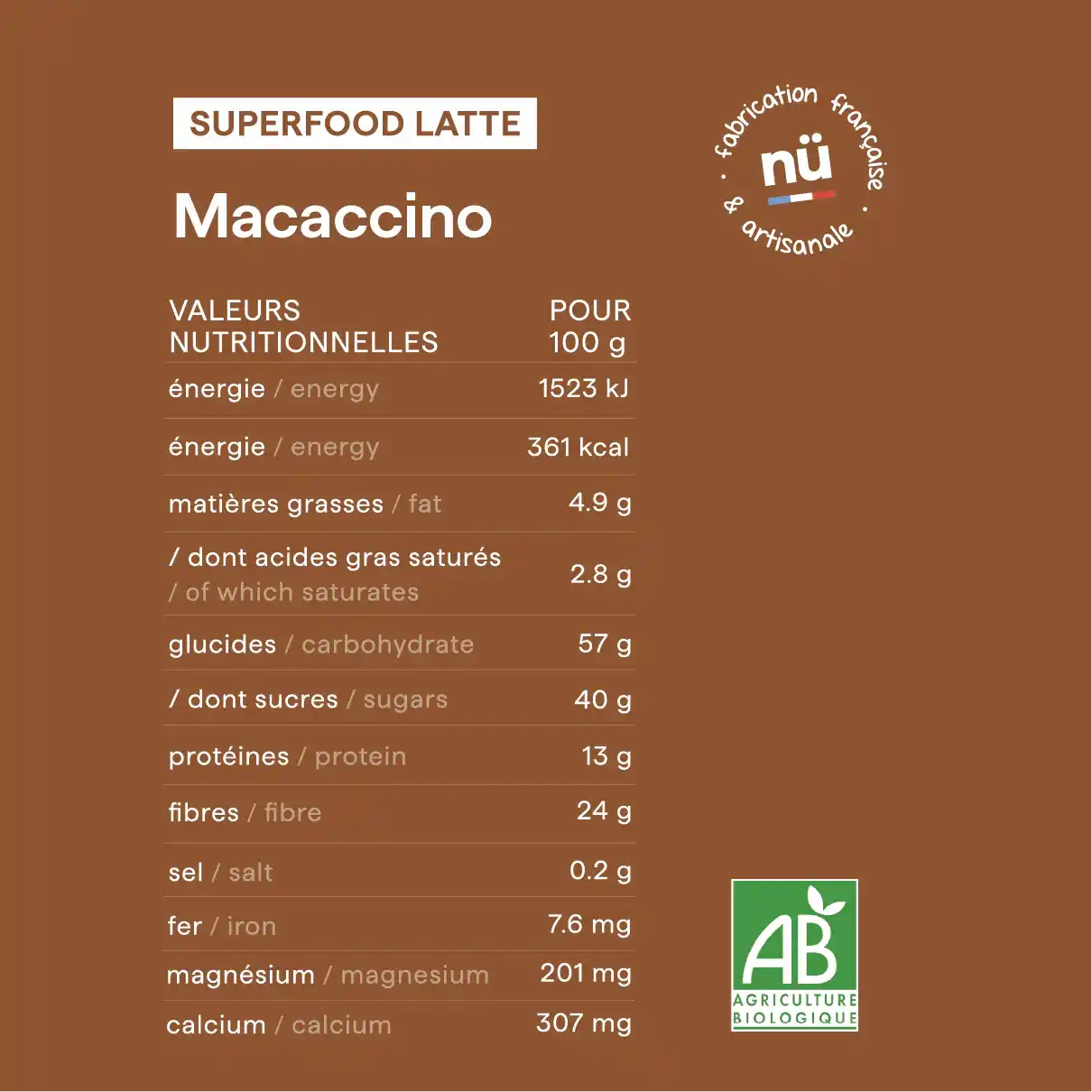 Les valeurs nutritionnelles du Macaccino bio nüMorning