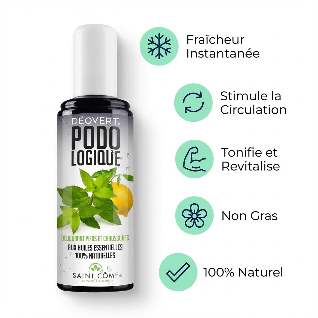 Vapo Podologique 100ml Saint Côme spray avec icônes bénéfices fraîcheur circulation tonification naturel