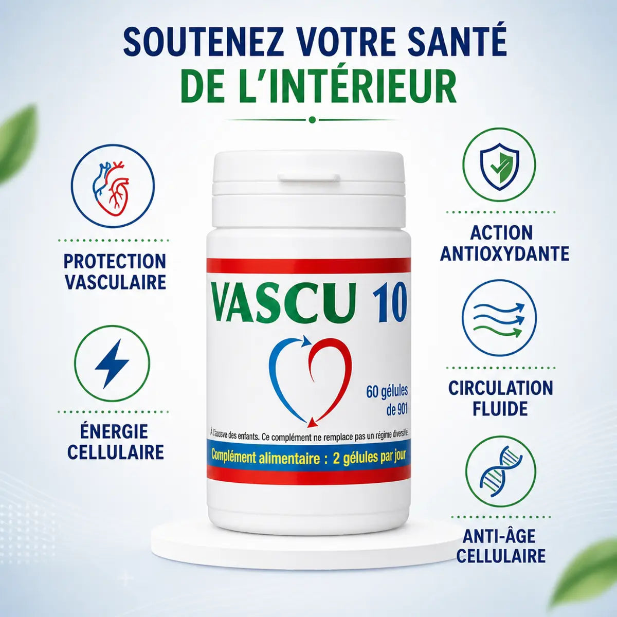 Vascu 10 supplément avec 5 bénéfices: protection vasculaire, énergie, antioxydant, circulation, anti-âge