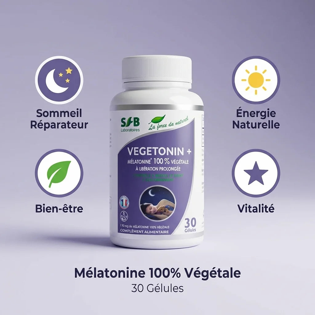 Vegetonin Mélatonine Végétale 30 gélules avec icônes sommeil, énergie et vitalité - SFB Laboratoires