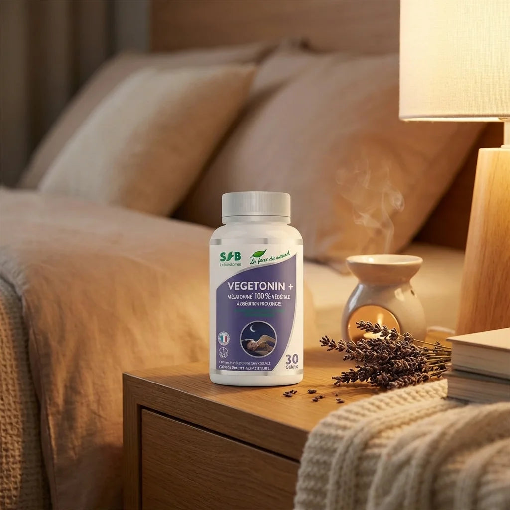 Vegetonin + Mélatonine Végétale 30 gélules SFB Laboratoires sur table de nuit avec ambiance relaxante