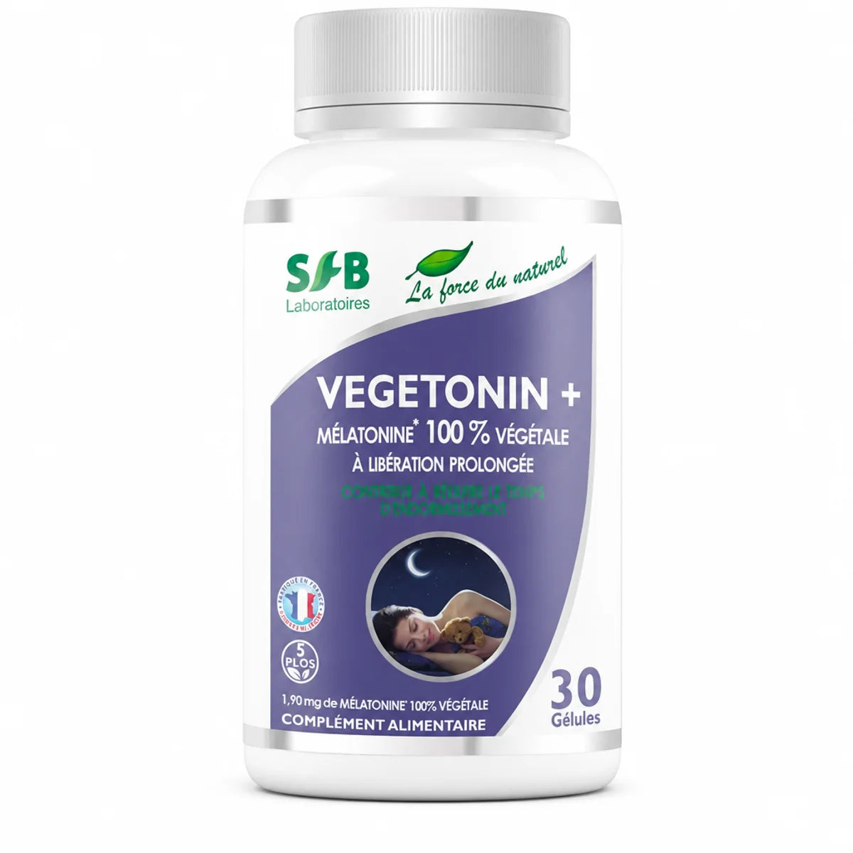 Vegetonin+ Mélatonine Végétale 30 gélules SFB Laboratoires bouteille blanche fond blanc