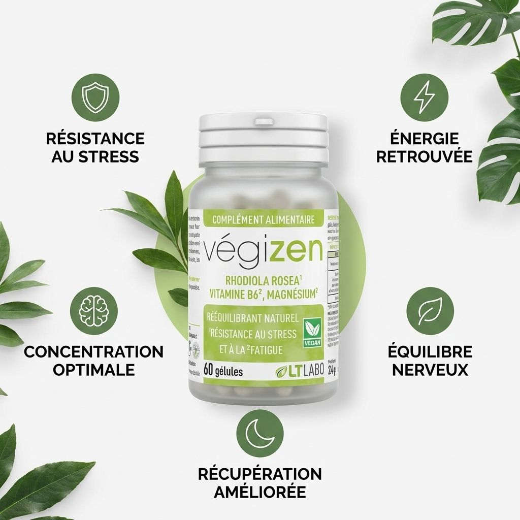 Végizen 60 gélules - résistance au stress, énergie et concentration avec infographie des bénéfices