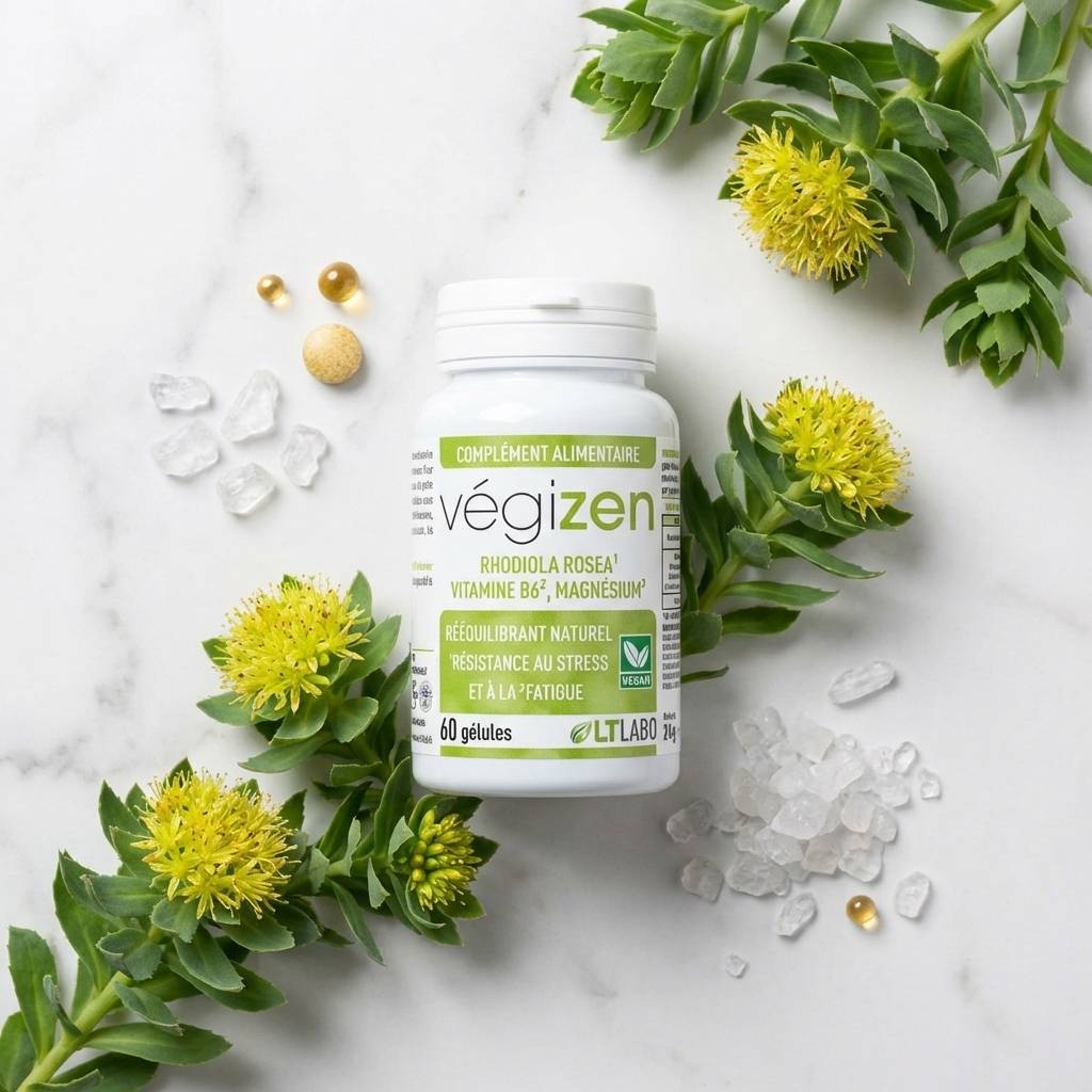 Végizen gélules anti-stress et fatigue entourée d'ingrédients naturels rhodiola magnésium vitamine B6