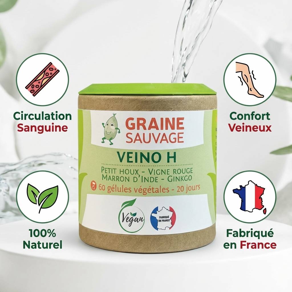 Veino H gélules santé vasculaire avec infographie bénéfices circulation sanguine et confort veineux