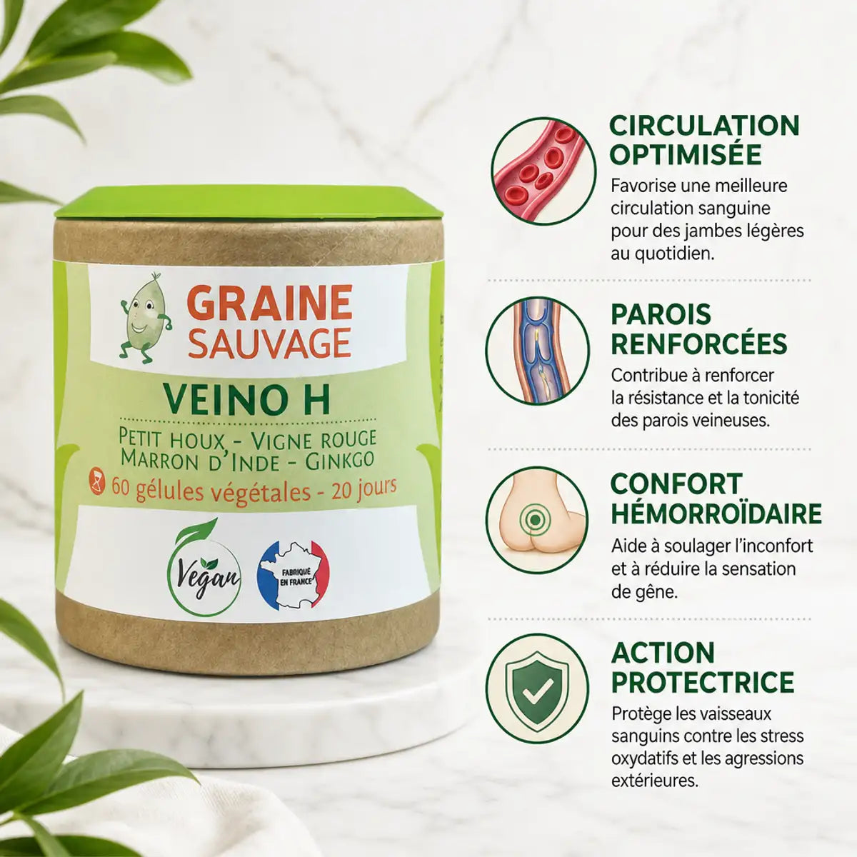 Veino H 60 gélules circulation vasculaire et confort hémorroïdaire Graine Sauvage