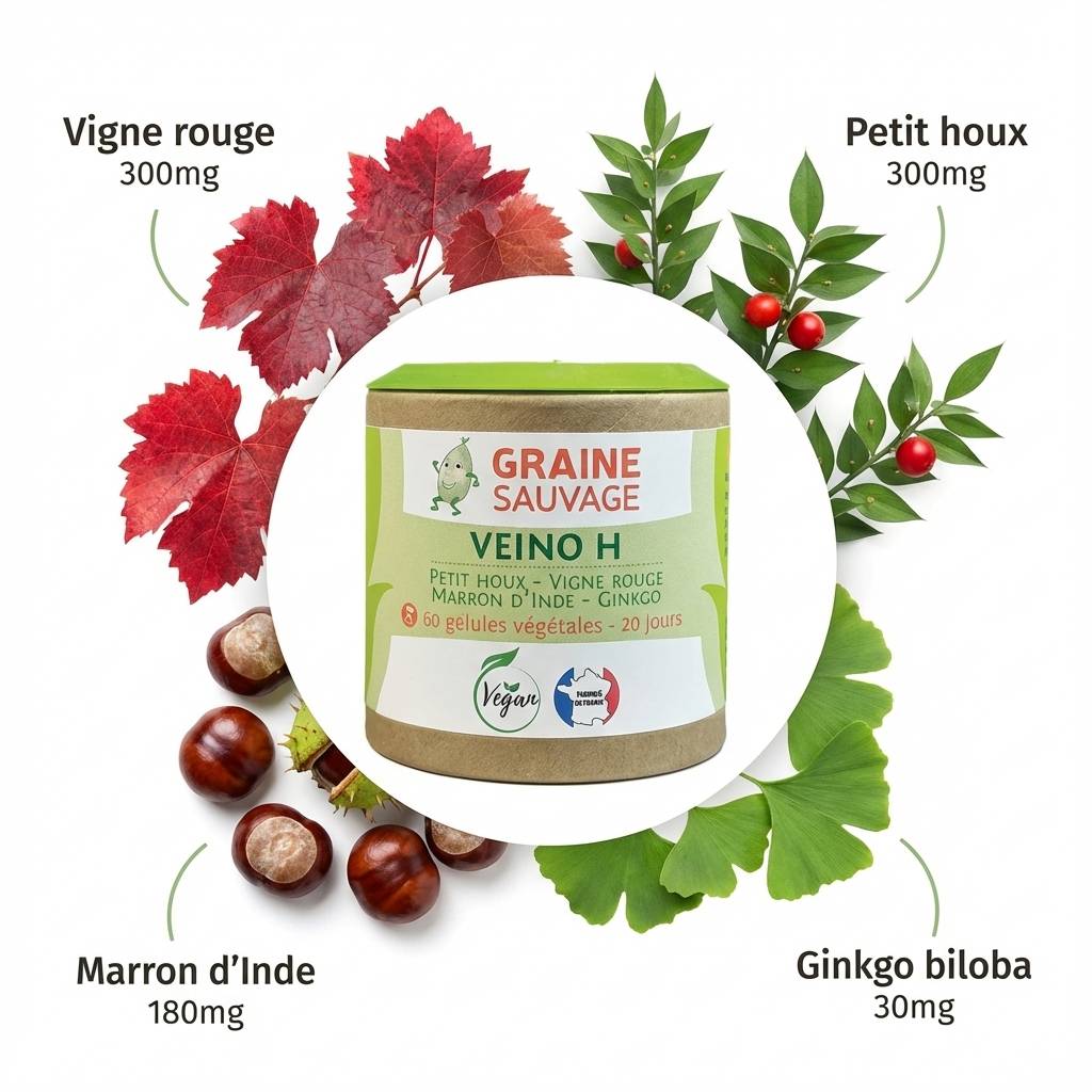 Veino H complément santé vasculaire 60 gélules avec ingrédients vigne rouge, ruscus, marron d'Inde et ginkgo