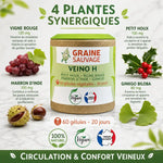 Veino H gélules santé vasculaire Graine Sauvage avec ingrédients naturels vigne rouge marron Inde