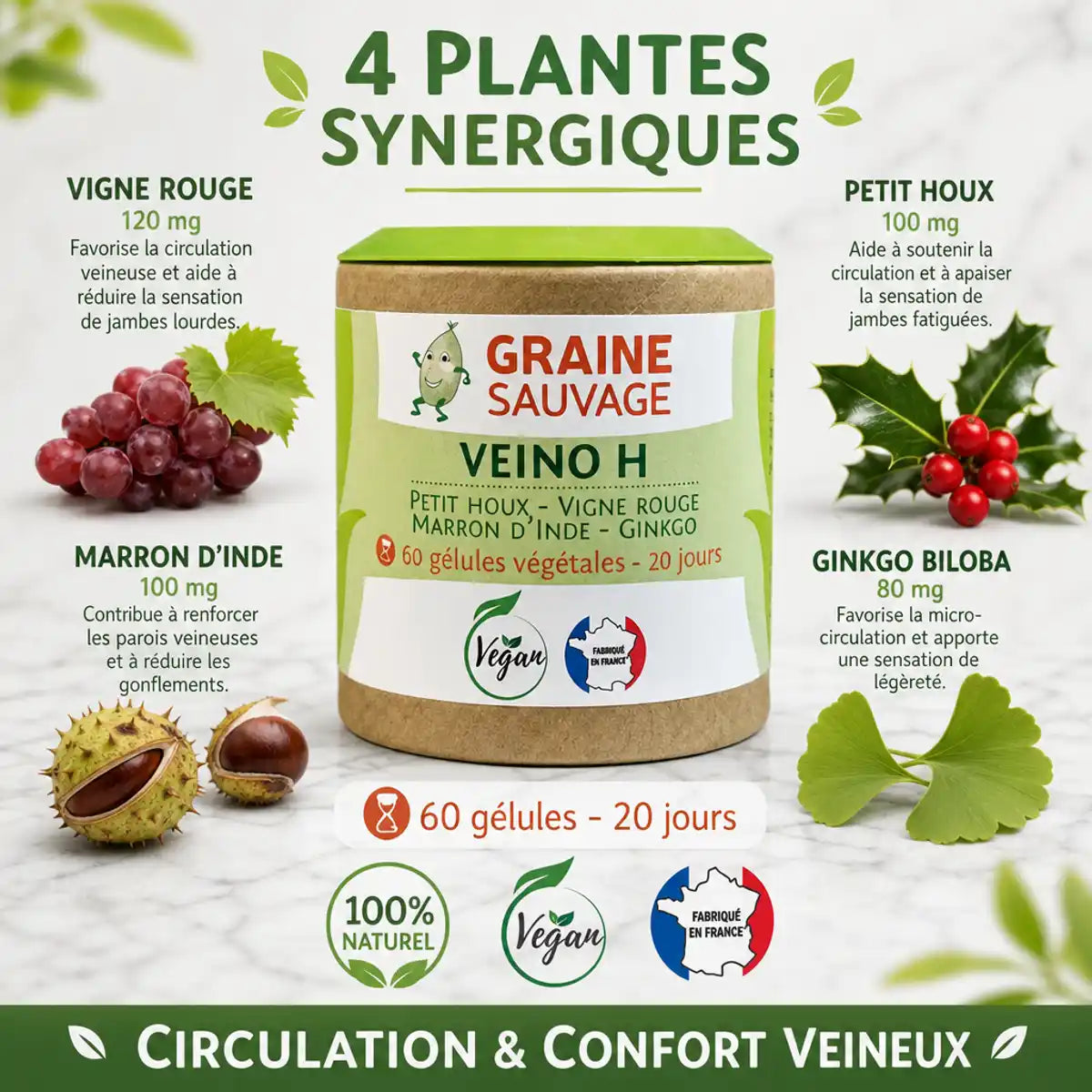 Veino H gélules santé vasculaire Graine Sauvage avec ingrédients naturels vigne rouge marron Inde