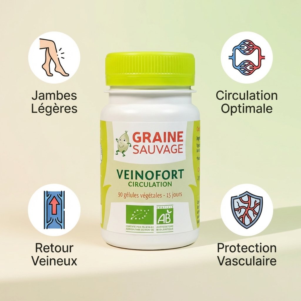 Veinofort Bio 90 gélules avec icônes jambes légères, circulation optimale et protection vasculaire