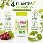 Veinofort Bio 90 gélules avec icônes circulation, jambes légères et plantes pour jambes lourdes