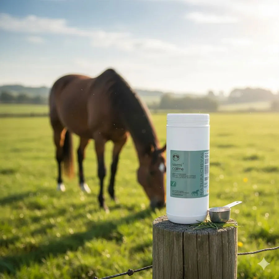 Un pot de vermifuge en poudre vermi'calme de la marque naturacheval 500 g avec un cheval dans un pré en fond 