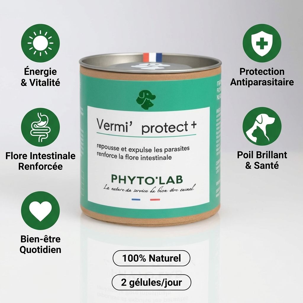 Vermi'Protect+ vermifuge naturel pour chien et chat, 90 gélules en flacon vert avec bénéfices illustrés