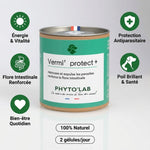 Vermi'Protect+ vermifuge naturel pour chien et chat, 90 gélules en flacon vert avec bénéfices illustrés
