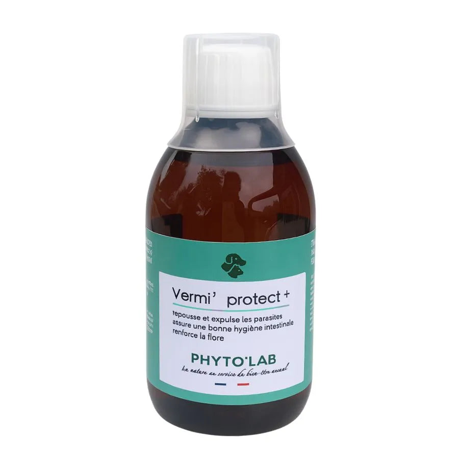 Un flacon de vermi'protect + en 200 ml de la marque Phyto'Lab