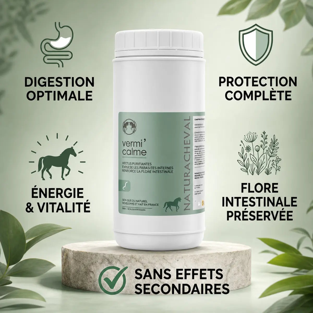 Vermi'calme vermifuge naturel 500g pour chevaux avec infographies digestion, protection et vitalité