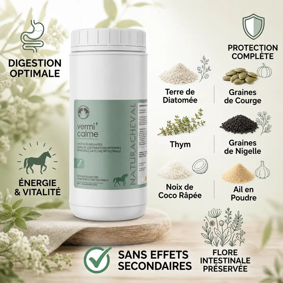 Vermi'calme vermifuge naturel chevaux 500g avec ingrédients et bénéfices digestifs