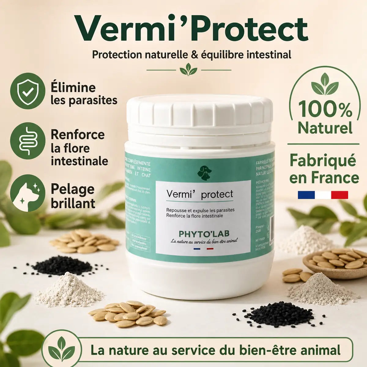 Vermi'Protect poudre antiparasitaire naturel chien chat 250g avec ingrédients