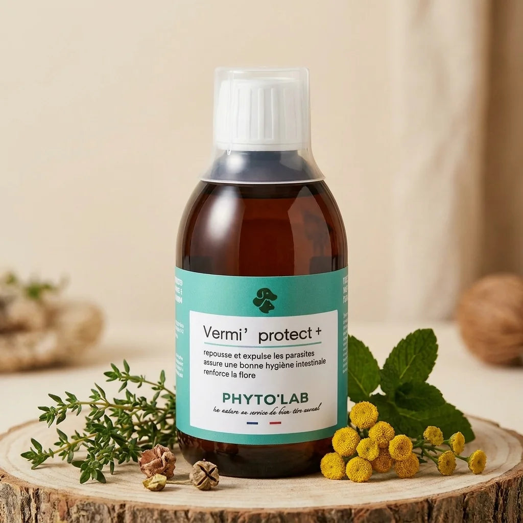Vermi'Protect+ vermifuge liquide 200ml chien chat avec herbes naturelles sur bois
