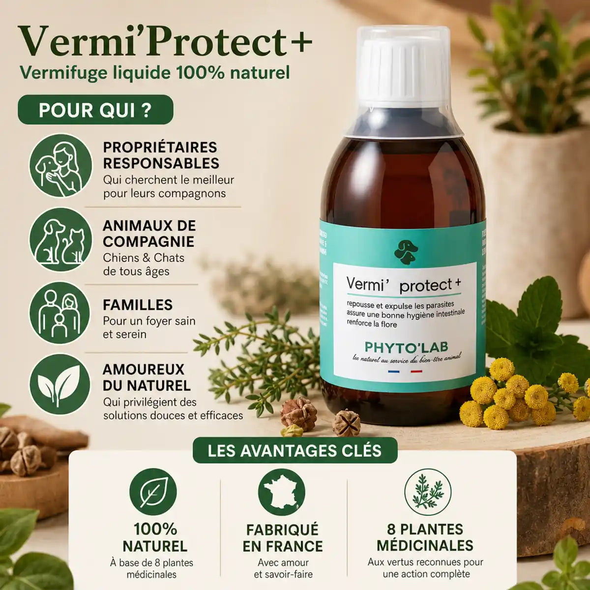 Vermi'Protect+ vermifuge liquide chien chat 200ml Phyto'Lab naturel France avec plantes médicinales