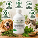 Vetosil arthrose chien chat - bouteille produit avec herbes naturelles et 5 bénéfices