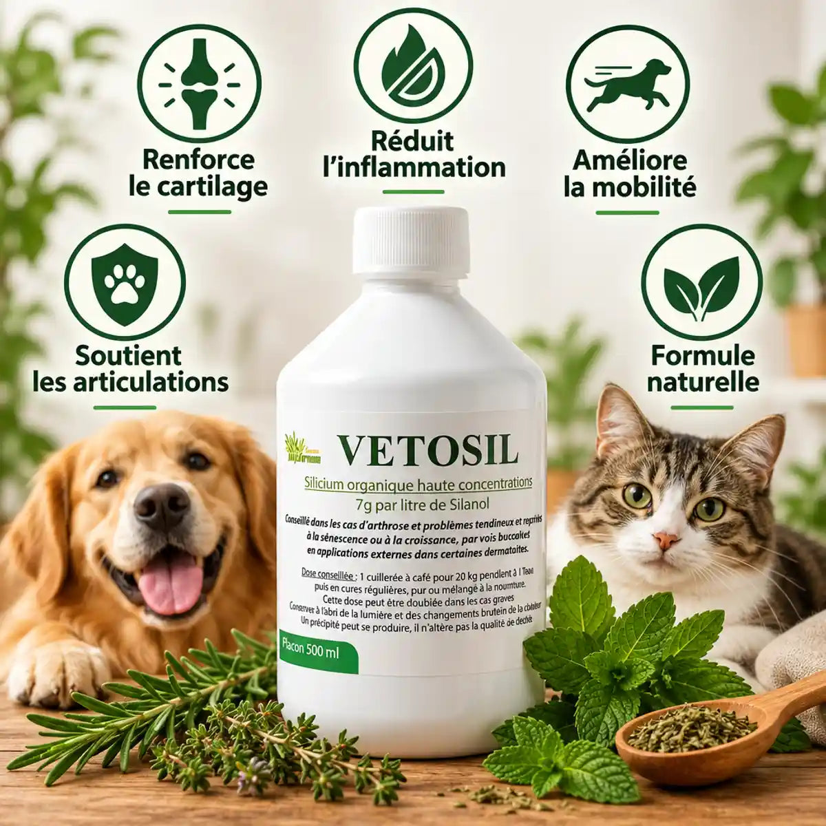 Vetosil arthrose chien chat - bouteille produit avec herbes naturelles et 5 bénéfices