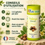 Vidanga Extrait AyurVana 5% de tanins : flacon et guide de prise, 1 à 2 gélules par jour avant les repas