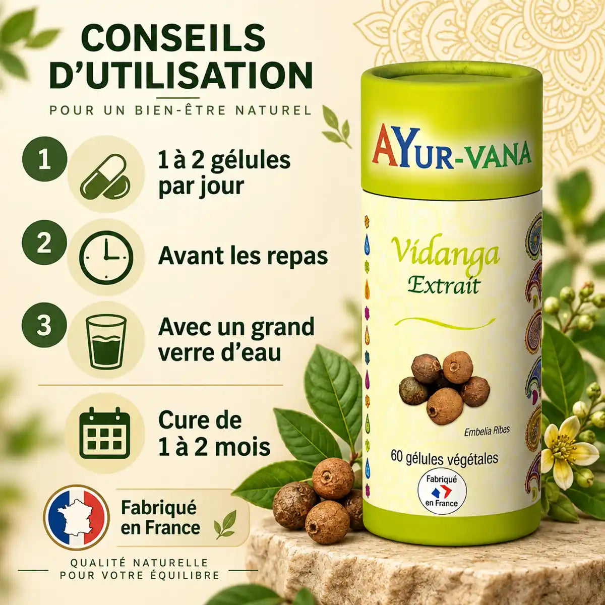 Vidanga Extrait AyurVana 5% de tanins : flacon et guide de prise, 1 à 2 gélules par jour avant les repas