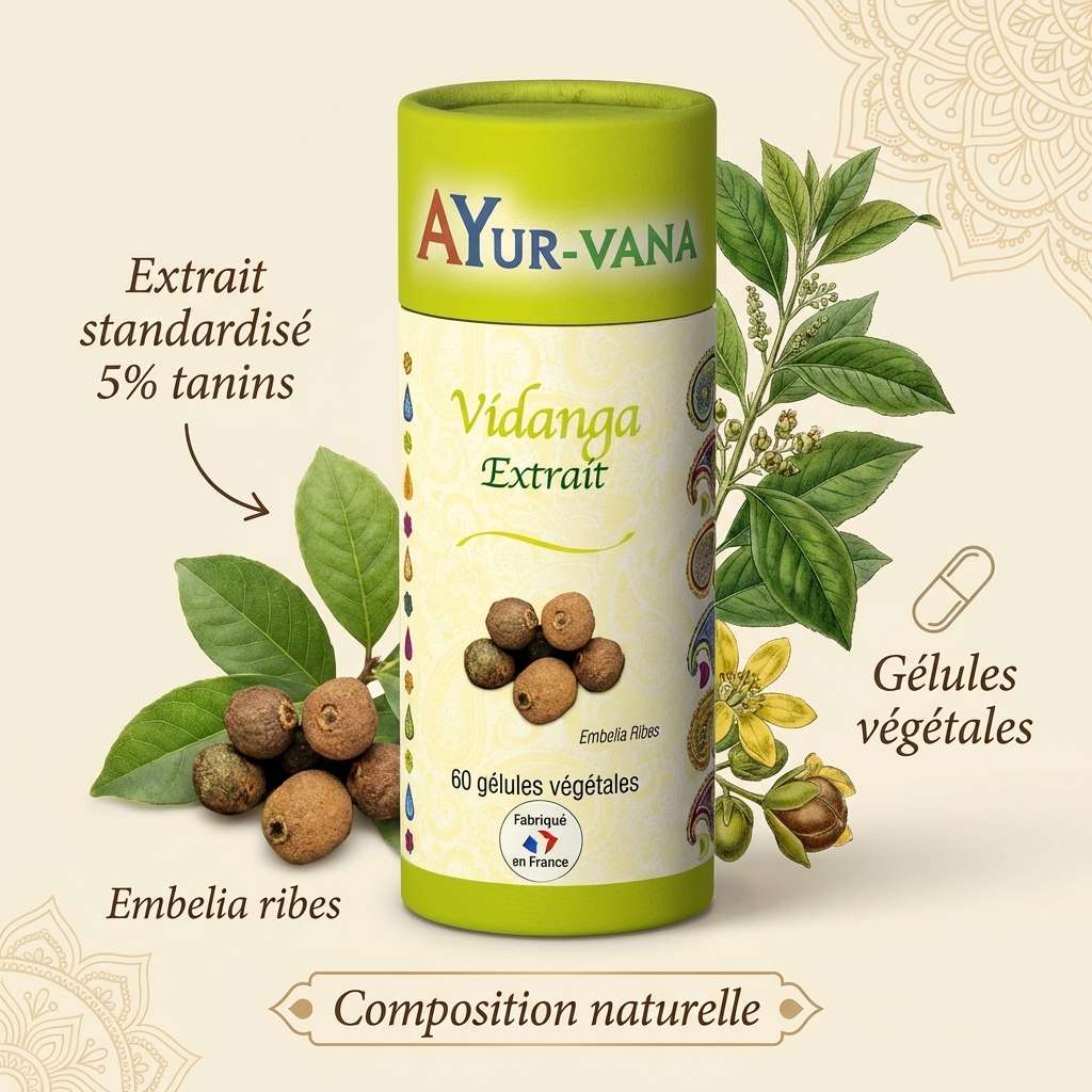 Vidanga Extrait 5% tanins AyurVana en gélules végétales avec Embelia ribes