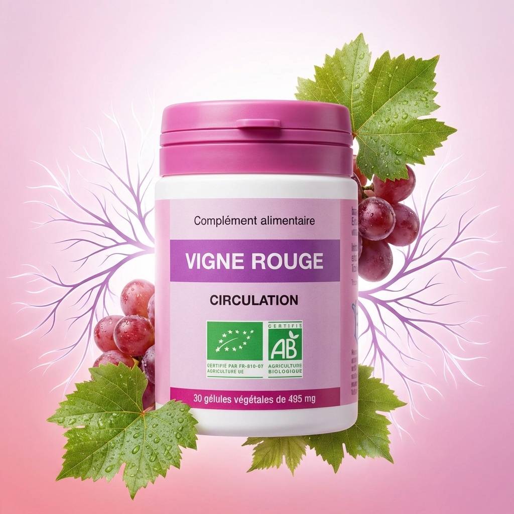 Vigne Rouge bio 30 gélules 495 mg avec feuilles de raisin rouge, supplément circulation