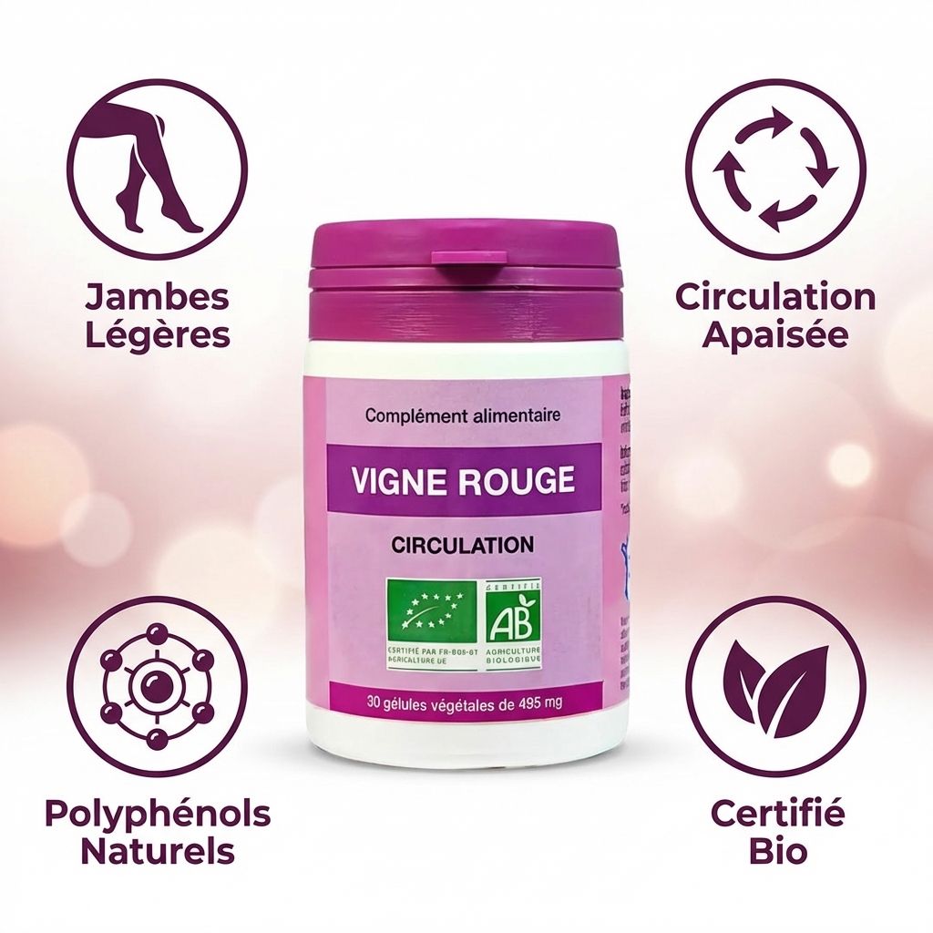 Vigne Rouge Bio 30 gélules avec icônes bénéfices jambes légères, circulation et certification bio