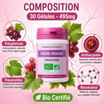 Vigne rouge bio 30 gélules 495mg avec infographie des composants polyphénols et anthocyanes