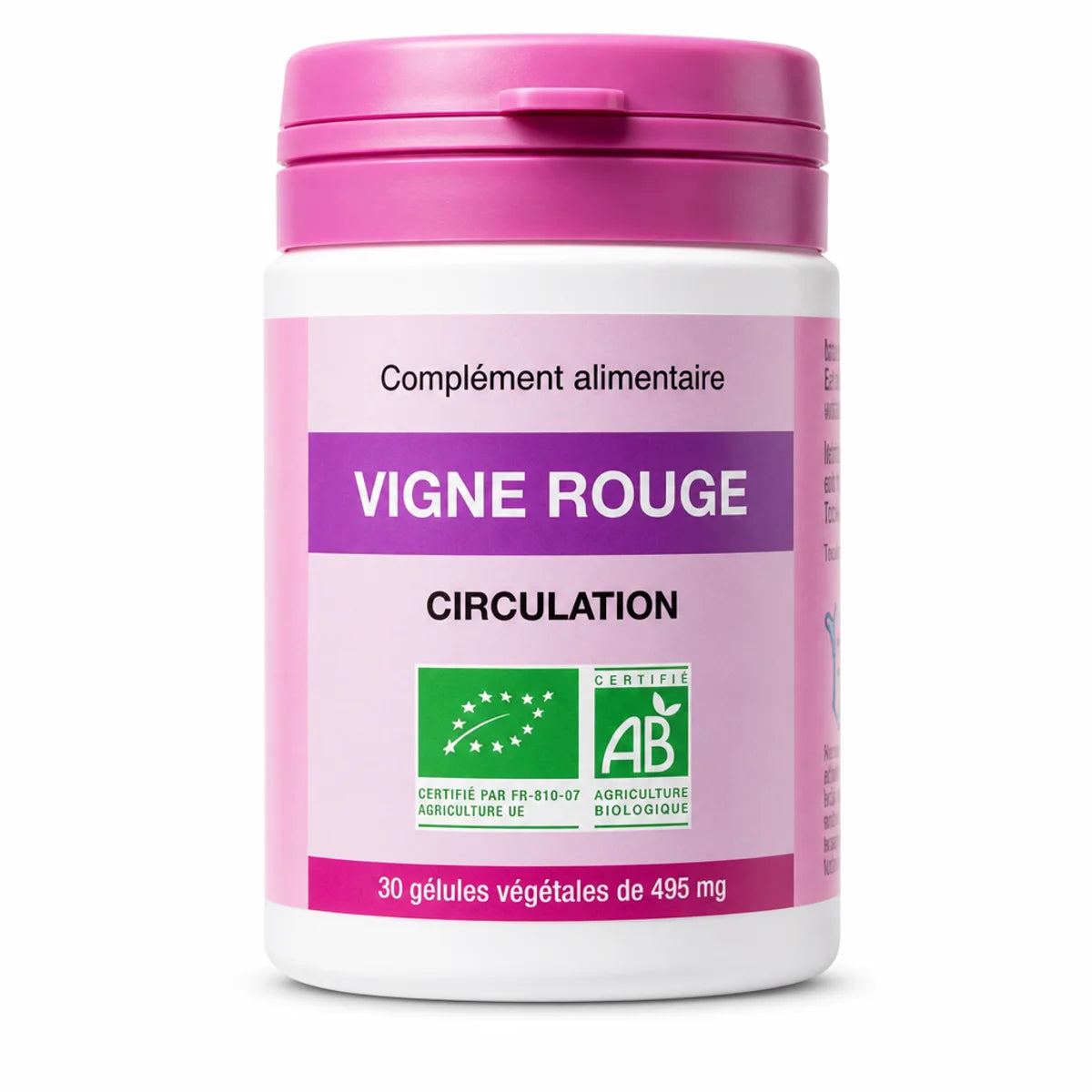 Vigne Rouge bio 30 gélules 495 mg - Flacon avec certification AB et capsules visibles