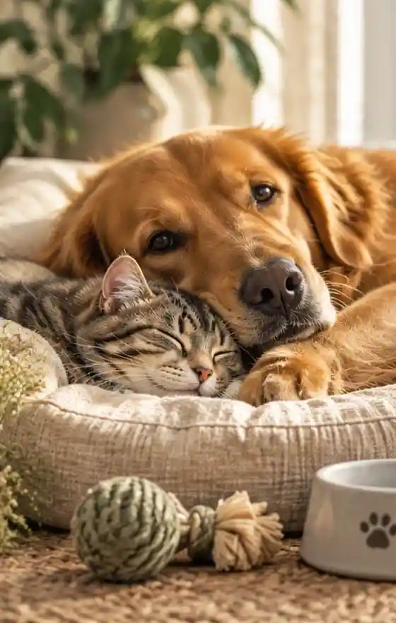 Un chien et un chat dormant ensemble dans un panier
