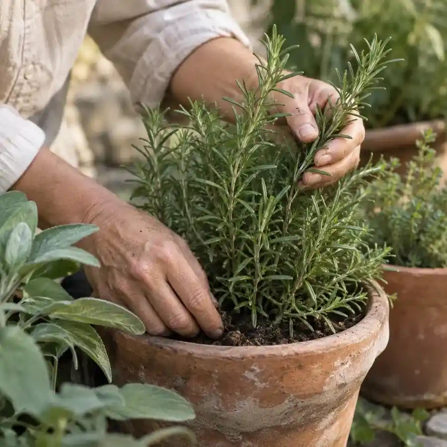 Zoom sur des mains en train de planter des végétaux dans un pot en terre cuite
