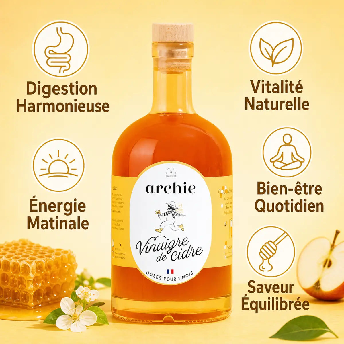Vinaigre de cidre au miel bio Archie 500ml avec bénéfices digestifs et énergétiques