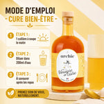 Vinaigre de cidre au miel bio Archie 500ml avec mode d'emploi cure bien-être et étapes dilution eau