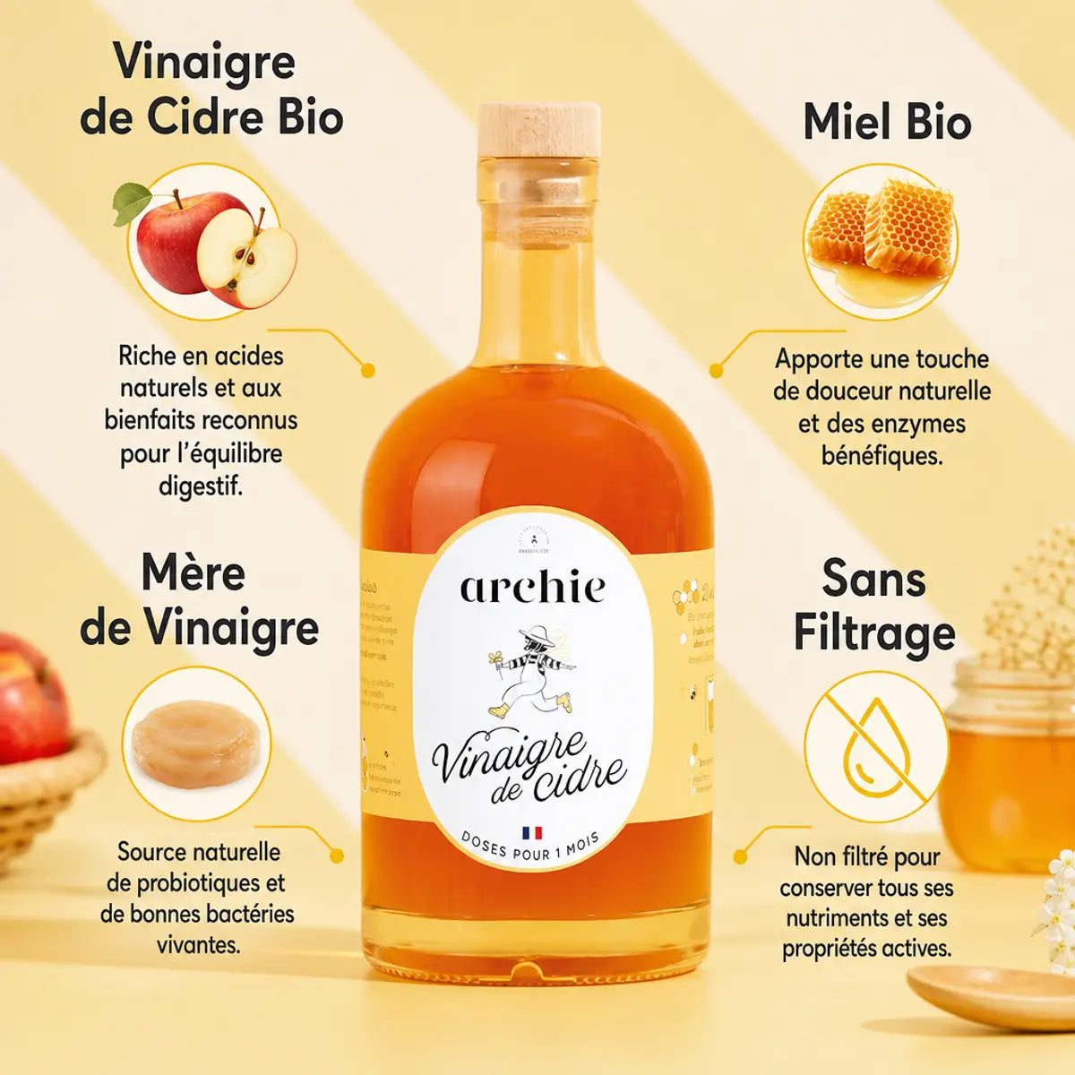 Vinaigre de cidre bio Archie 500ml avec miel, mère de vinaigre et ingrédients naturels