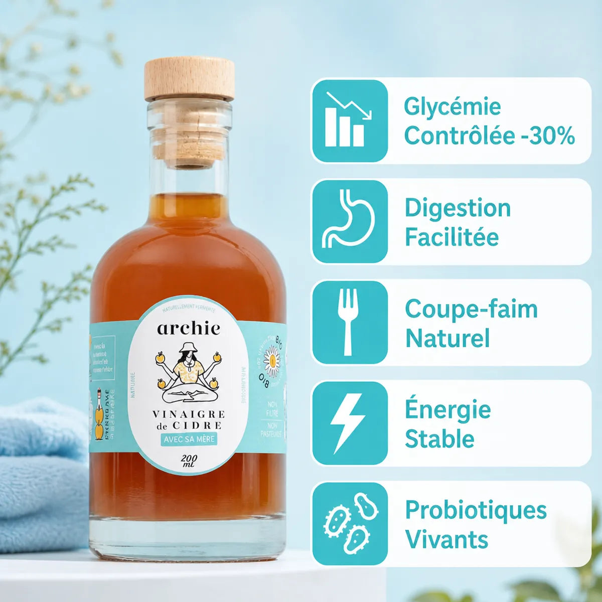 Vinaigre de cidre bio Archie 200ml avec ses 5 bénéfices santé : glycémie, digestion, coupe-faim, énergie, probiotiques