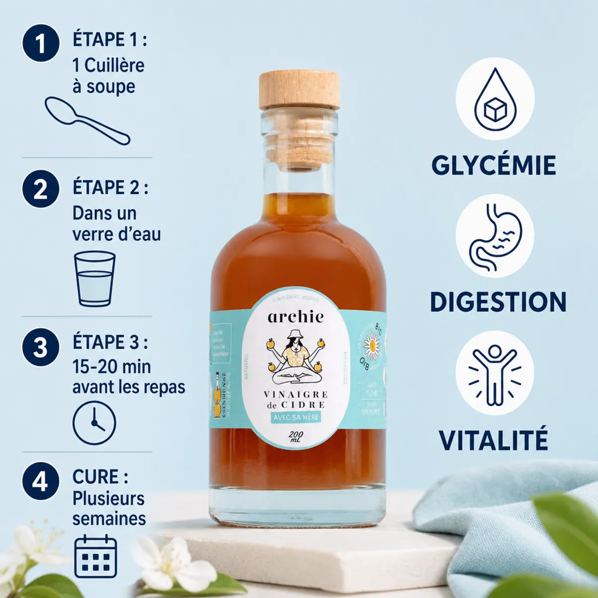 Vinaigre de cidre bio Archie 200ml - Guide d'utilisation pour glycémie et digestion