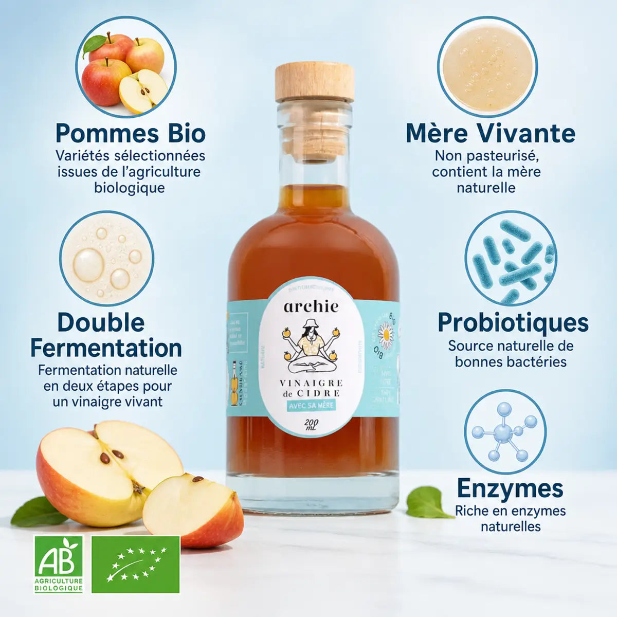 Bouteille Vinaigre de cidre bio Archie 200ml avec ingrédients et labels nutritionnels